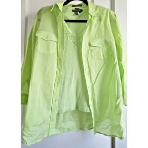 LRL set of ribbed lace V neck tank top M‎ long sleeve button up shirt M green